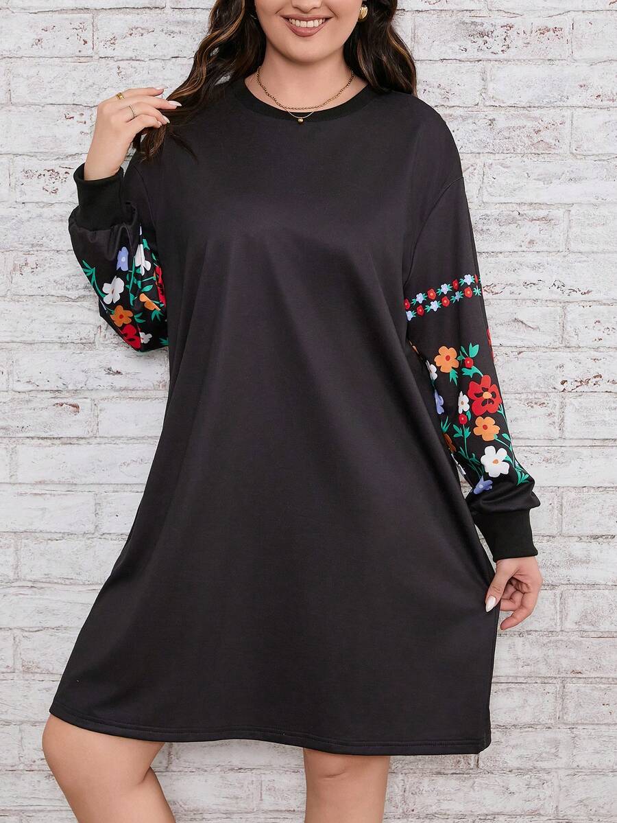 SHEIN LUNE Plus Floral Print Drop Shoulder Sweatshirt Dress - Black - View 1
