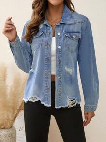 SHEIN LUNE Ripped Flap Pocket Denim Jacket - Light Wash - View 6