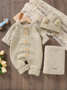 Baby Girl Solid Button Up Knit Jumpsuit & Hat - Beige - View 5