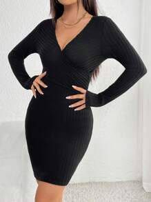 SHEIN PETITE Surplice cổ Đồ đan Ribbed Váy bodycon - màu đen - Xem 5