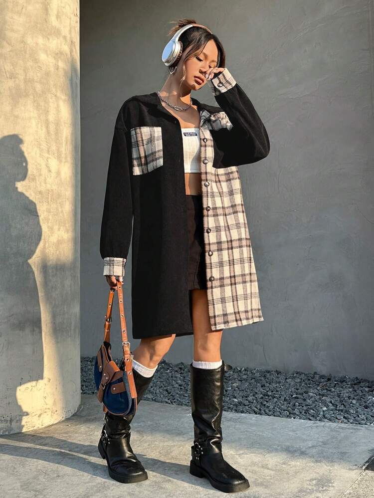 Colorblock Plaid Print Drop Shoulder Flap Pocket Button Front Coat