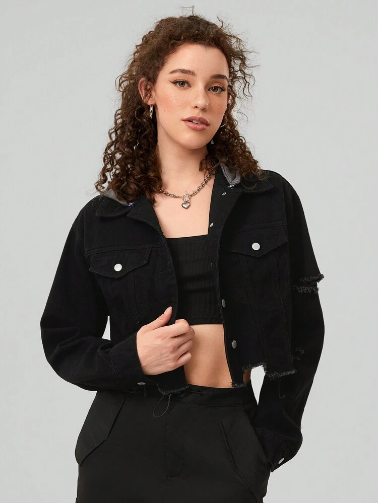 Frayed Edge Denim Jacket With Fake Pockets