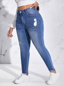 SHEIN EZwear Plus High Waist Ripped Raw Hem Skinny Jeans - Medium Wash - View 4