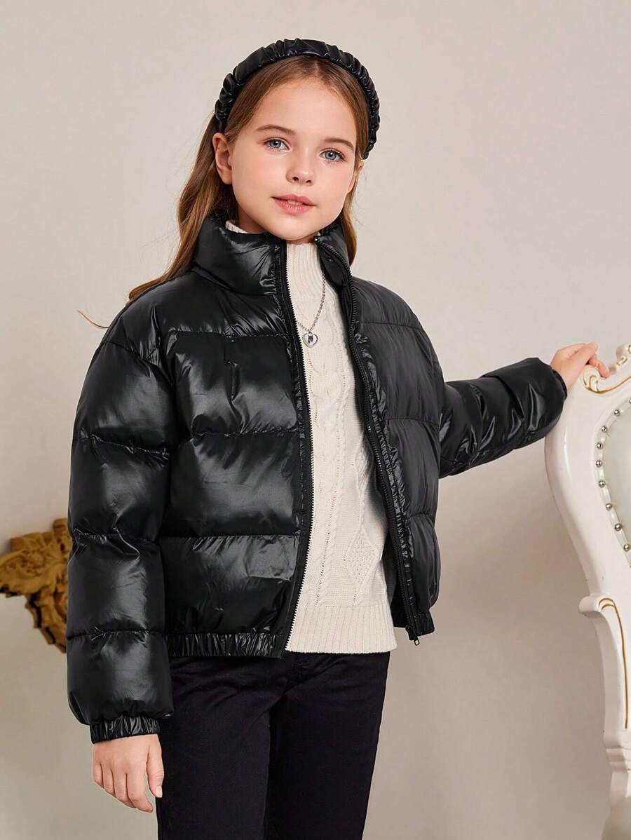 SHEIN Chaqueta corta tejida para niñas preadolescentes con ajuste holgado, unicolor y cuello de pie para ocasiones casuales - Negro - Ver 1
