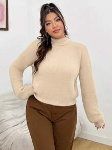 SHEIN Unity Plus Size High Neck Sweater With Letter Patchwork And Dropped Shoulders - Khaki - View 4