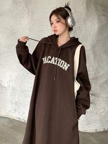 Dazy Star 字母圖案插肩袖抽繩連帽衛衣裙 - 棕色 - 查看 4