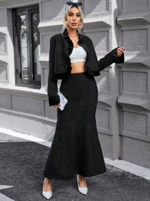 SHEIN Privé Frill Trim Crop Jacket & Mermaid Hem Skirt - Black - View 1