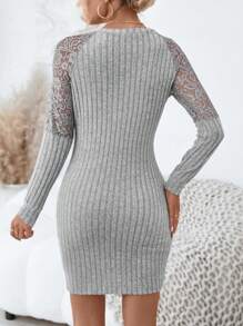 SHEIN LUNE Vestido con encaje de manga raglán tejido de canalé - Gris - Ver 2