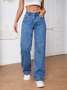 SHEIN Tall Slant Pocket Straight Leg Jeans, Tall Women - Baby Blue - View 1
