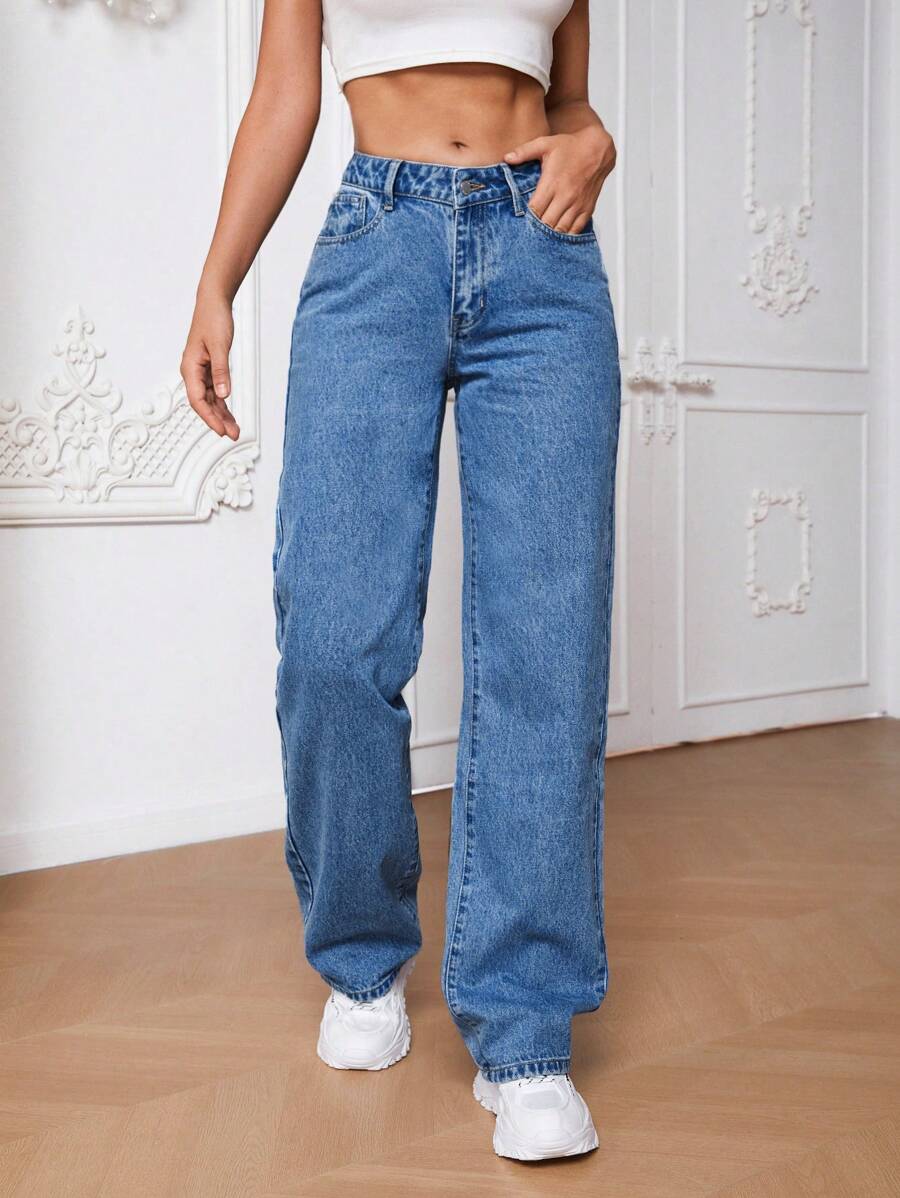 SHEIN Tall Slant Pocket Straight Leg Jeans, Tall Women - Baby Blue - View 1
