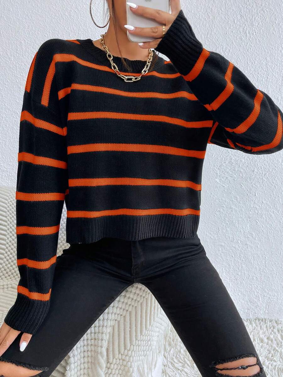 SHEIN Essnce Mẫu sọc Thả vai Áo len - Nhiều màu - Xem 1