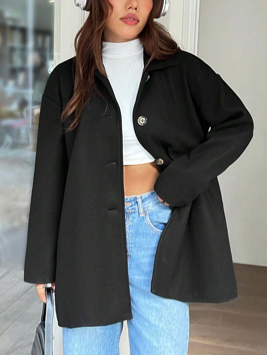 SHEIN EZwear Thả vai Nút phía trước Áo khoác - màu đen - Xem 1