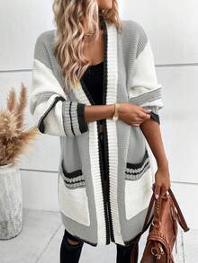 SHEIN Frenchy Mẫu sọc Túi Kép Thả vai Áo len Duster - Nhiều màu - Xem 5