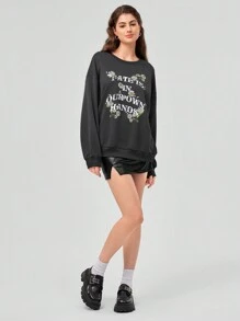 Forever 21 1pc Women's Drop Shoulder Sweatshirt With Slogan And Floral Print - Grey - View 3