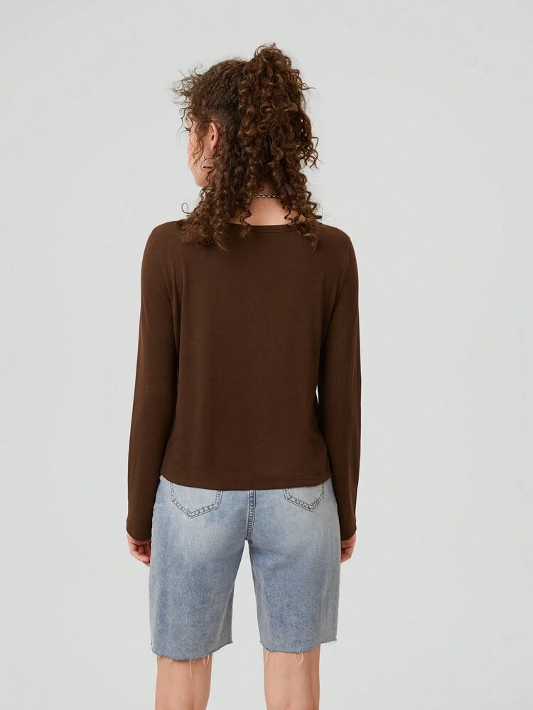 Women's Slogan Printed Notch Neck T-shirt