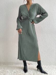 Twist Front Split Thigh Dress - Green - View 1