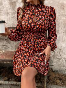 SHEIN LUNE Allover Print Keyhole Neckline Lantern Sleeve Dress - Black - View 5
