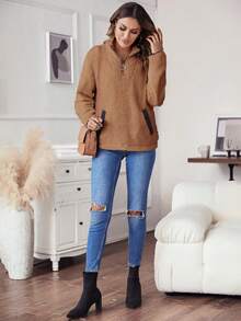 SHEIN LUNE 撞色滾邊半拉鏈法蘭絨運動衫 - 卡其色 - 查看 4