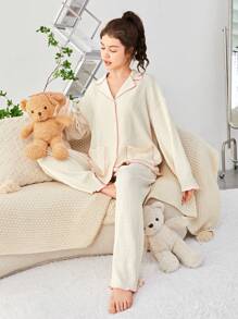 SHEIN Teen Girl Contrast Binding Dual Pocket Drop Shoulder PJ Set