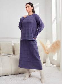 Mulvari Plus Raglan Sleeve Sweater & Knit Skirt 2 Piece Set - Purple - View 5