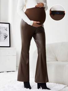 SHEIN Maternity Adjustable Waist Flare Leg PU Leather Pants, For Winter - Brown - View 1