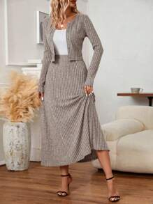 SHEIN Clasi Cazadora tejida jaspeada & Falda