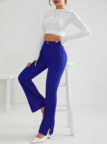 SHEIN PETITE High Waist Flare Leg Pants - Royal Blue - View 4