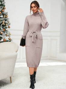 GENKIRA Turtleneck Drop Shoulder Belted Sweater Dress - Khaki - View 4
