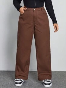 SHEIN ICON Plus High Waist Straight Leg Jeans - Coffee Brown - View 1