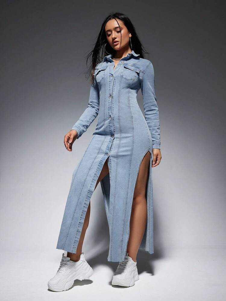 Flap Pocket Split Thigh Denim Dress