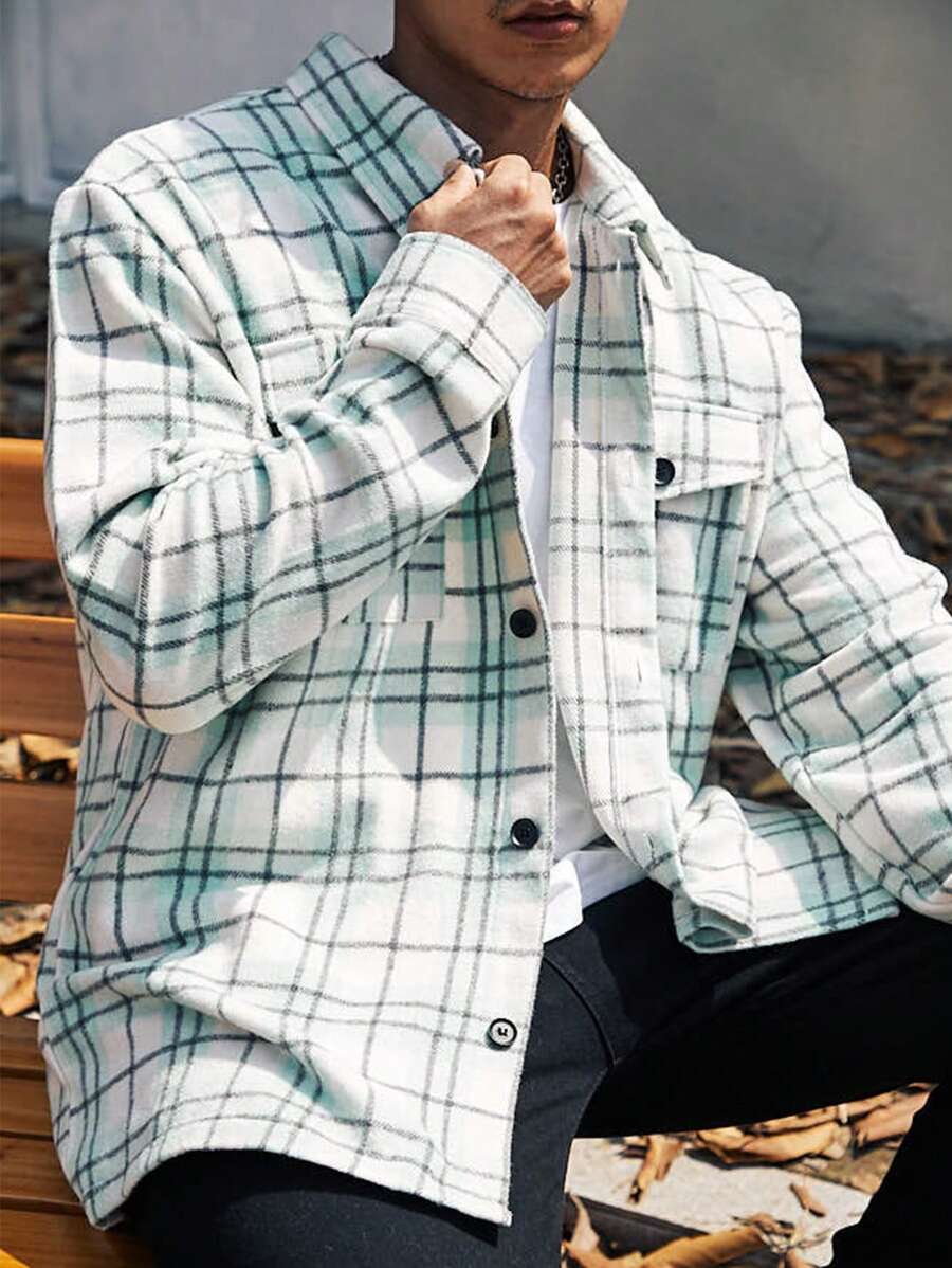 Manfinity Homme Men Plus Plaid Print Flap Pocket Shacket