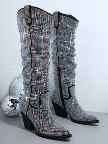 SHUZIA Glitter Rhinestone Decor Chunky Heeled Boots