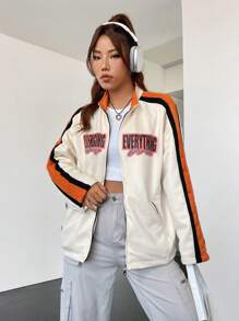 SHEIN EZwear 字母圖案拼接側邊接縫落肩袖拉鏈開襟夾克 - 白色 - 查看 4