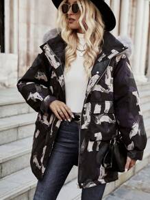 SHEIN LUNE Graphic Fuzzy Trim Hooded Down Coat Fall Cloth For Women - Black - View 1