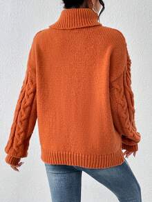 SHEIN Essnce Turtleneck Cable Knit Drop Shoulder Sweater - Coffee Brown - View 2