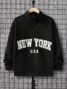 SHEIN Tween Boy Letter Print Long Sleeve Stand Collar Half-Zip Sweatshirt,In Fall/Winter,Winter Clothing,Fall Outfits,Fall Clothing,All Clothes For Kids,Black Tops, Fall Tops , - Black - View 1