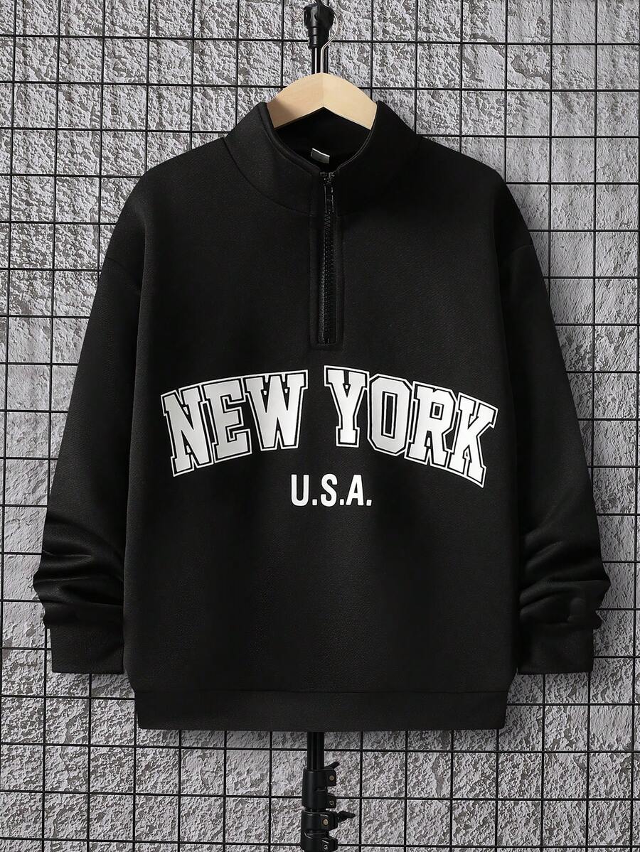 SHEIN Tween Boy Letter Print Long Sleeve Stand Collar Half-Zip Sweatshirt,In Fall/Winter,Winter Clothing,Fall Outfits,Fall Clothing,All Clothes For Kids,Black Tops, Fall Tops , - Black - View 1