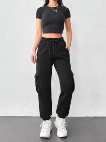 RueChic 100%Cotton Solid Drawstring Waist Flap Pocket Side Cargo Sweatpants - Black - View 3