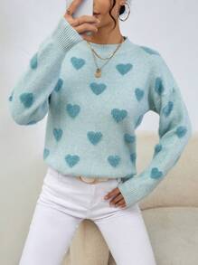 SHEIN Essnce Hình trái tim Thả vai Áo len - Màu xanh lam - Xem 1