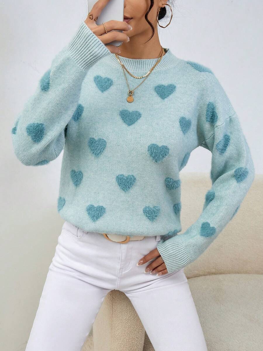 SHEIN Essnce Hình trái tim Thả vai Áo len - Màu xanh lam - Xem 1