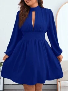SHEIN Privé 大碼前鏤空燈籠袖洋裝 - 寶藍色 - 查看 4