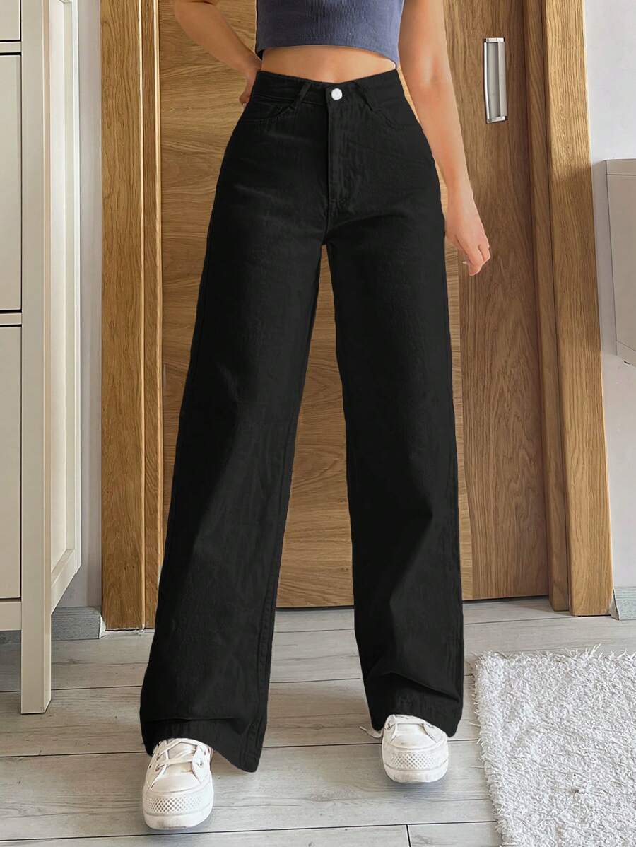 EURMUSE Ladies' Solid Color Straight Leg Jeans - Black - View 1