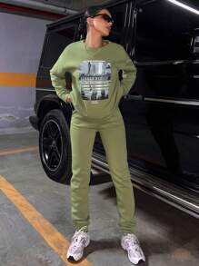 EURMUSE Slogan Graphic Drop Shoulder Thermal Sweatshirt & Sweatpants - Khaki - View 4