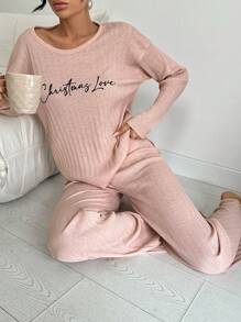 RueChic 100%Cotton Letter Graphic Drop Shoulder Tee & Pants Lounge Set - Pink - View 1