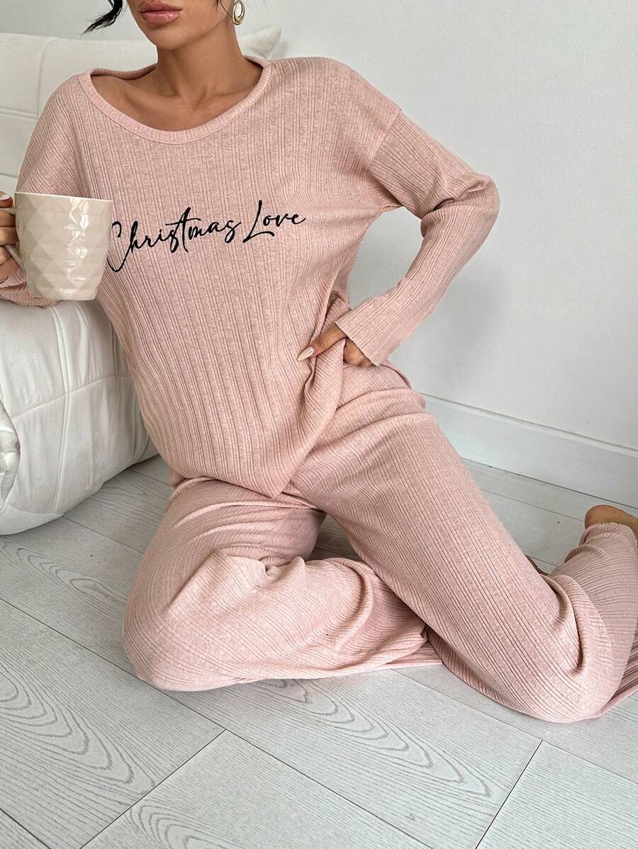 RueChic 100%Cotton Letter Graphic Drop Shoulder Tee & Pants Lounge Set - Pink - View 1
