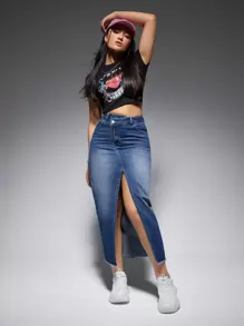 SHEIN EZwear 高腰毛邊牛仔半身裙 - 深色水洗藍 - 查看 1