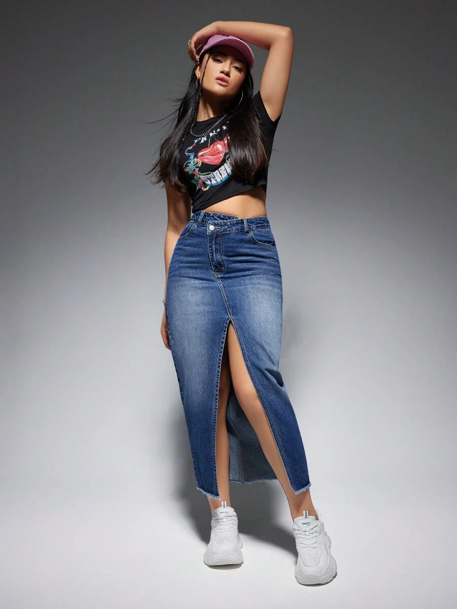 SHEIN EZwear 高腰毛邊牛仔半身裙 - 深色水洗藍 - 查看 1