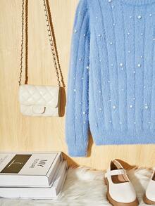 Tween Girl Pearls Beaded Drop Shoulder Fuzzy Sweater - Blue - View 3