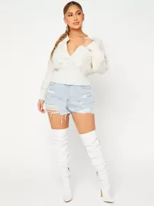 SHEIN SXY 缺口領燈籠袖麻花編織套頭毛衣 - 白色 - 查看 3