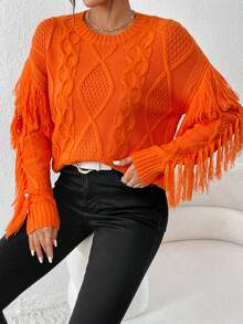 SHEIN Essnce Viền rìa Thả vai Xoắn Dan Áo len - trái cam - Xem 7